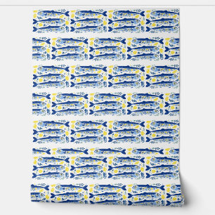Mediterranean Summer Blue and Yellow Sardines Wallpaper