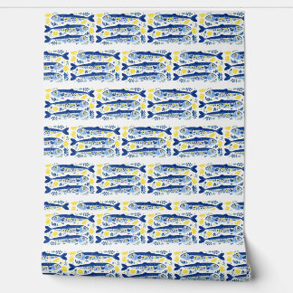 Mediterranean Summer Blue and Yellow Sardines Wallpaper