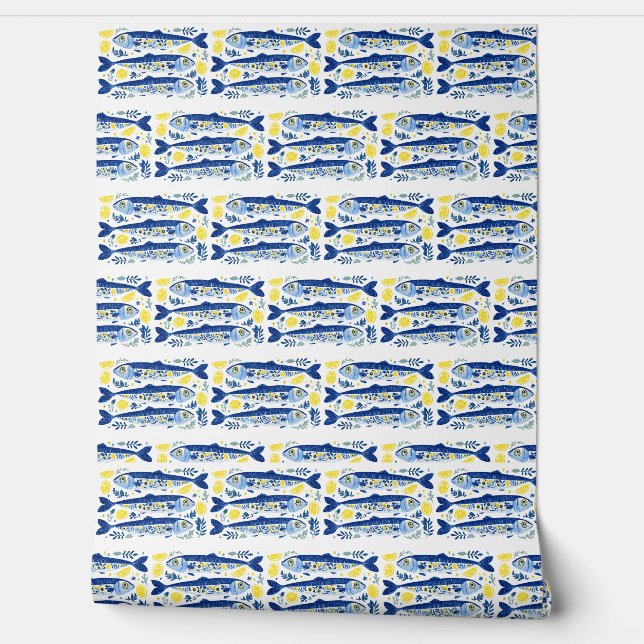 Mediterranean Summer Blue and Yellow Sardines Wallpaper (Unrolling)