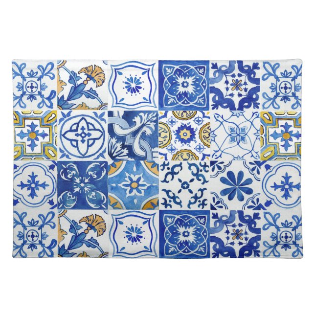 Mediterranean Summer Blue White Yellow Pattern Cloth Placemat (Front)