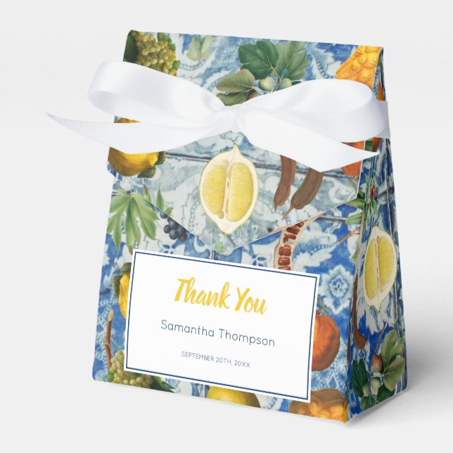 Mediterranean Summer Fruit Blue Mosaic Baby Shower Favor Boxes (Front Side)