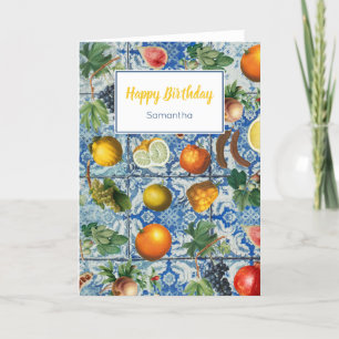 Mediterranean Summer Fruit Blue Mosaic Birthday Card