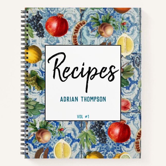 Mediterranean Summer Fruit & Blue  Mosaic Recipes Notebook (Front)
