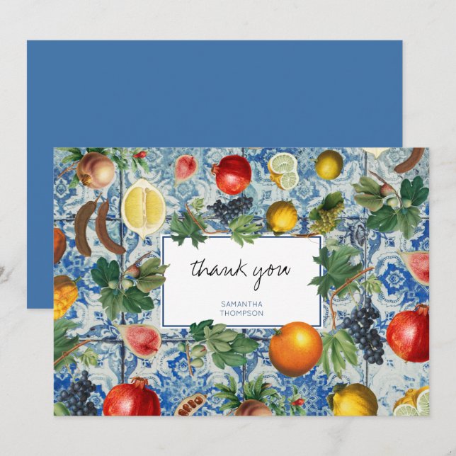 Mediterranean Summer Fruit Blue Mosaic Thank You Card (Front/Back)