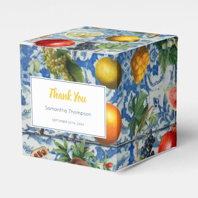 Mediterranean Summer Fruit Blue Mosaic Wedding Favor Boxes (Front Side)