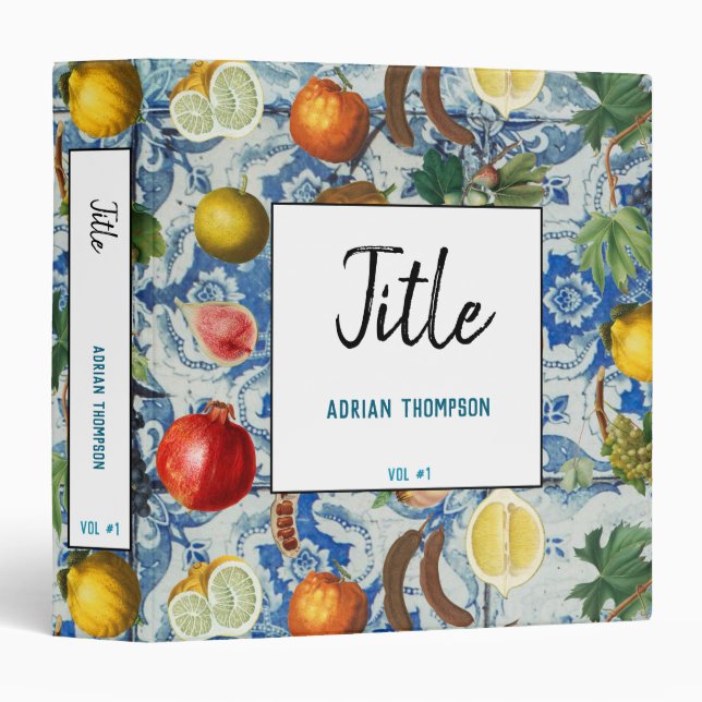 Mediterranean Summer Fruit & Blue White Mosaic 3 Ring Binder (Front/Spine)