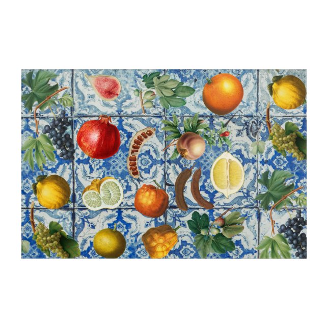Mediterranean Summer Fruit & Blue White Mosaic  Acrylic Print (Front)