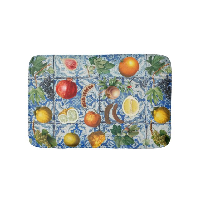 Mediterranean Summer Fruit & Blue White Mosaic Bath Mat (Front)