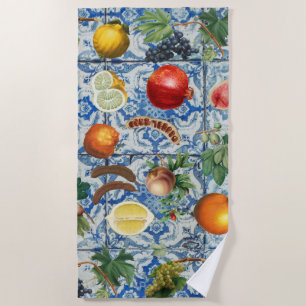 Mediterranean Summer Fruit & Blue White Mosaic Beach Towel