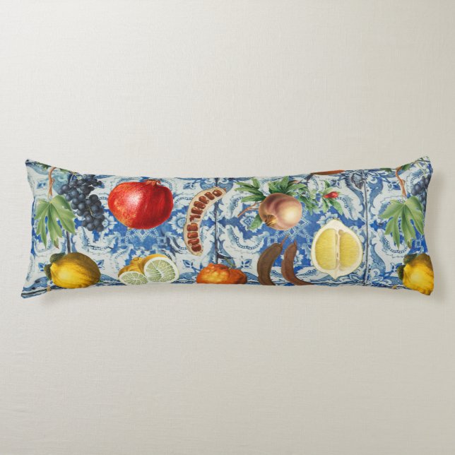 Mediterranean Summer Fruit & Blue White Mosaic  Body Pillow (Front)