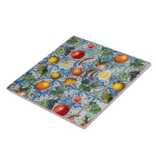 Mediterranean Summer Fruit  Blue White Mosaic   Ceramic Tile