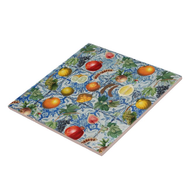Mediterranean Summer Fruit & Blue White Mosaic   Ceramic Tile (Side)