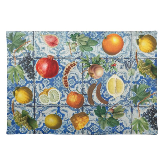 Mediterranean Summer Fruit & Blue White Mosaic  Cloth Placemat (Front)
