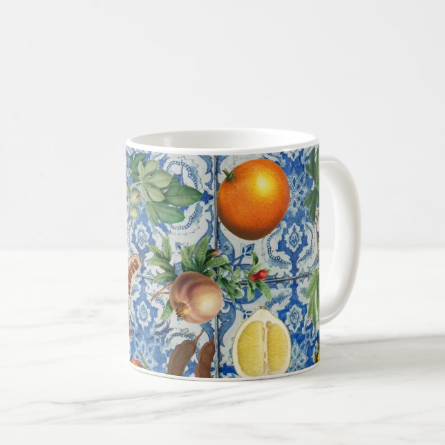 Mediterranean Summer Fruit & Blue White Mosaic  Coffee Mug (Front Right)