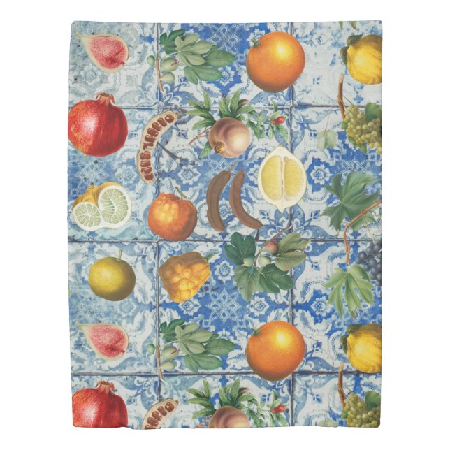Mediterranean Summer Fruit & Blue White Mosaic Duvet Cover (Front)