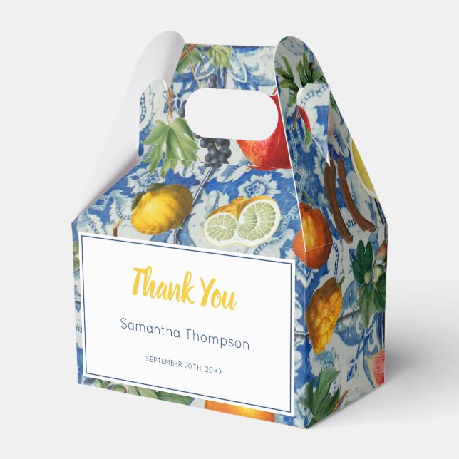 Mediterranean Summer Fruit & Blue White Mosaic Fav Favor Boxes (Front Side)