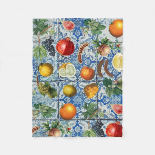 Mediterranean Summer Fruit  Blue White Mosaic Fleece Blanket