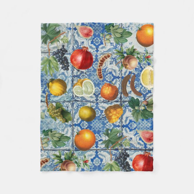 Mediterranean Summer Fruit & Blue White Mosaic Fleece Blanket (Front)