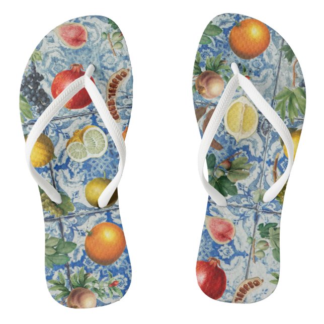 Mediterranean Summer Fruit & Blue White Mosaic Flip Flops (Footbed)