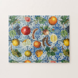 Mediterranean Summer Fruit & Blue White Mosaic Jigsaw Puzzle