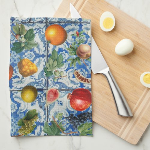 Mediterranean Summer Fruit  Blue White Mosaic Kitchen Towel