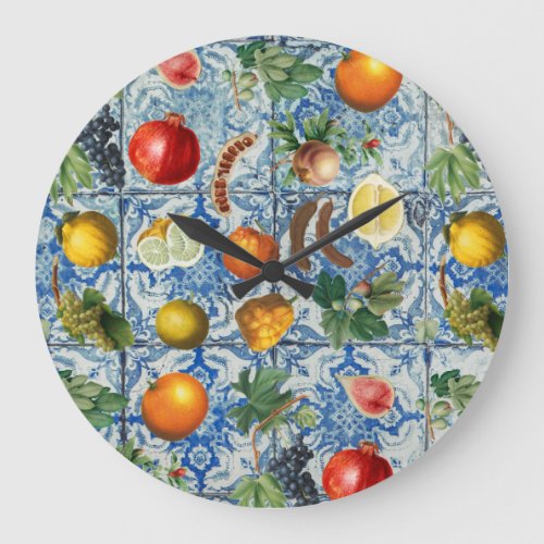 Mediterranean Summer Fruit  Blue White Mosaic  Large Clock