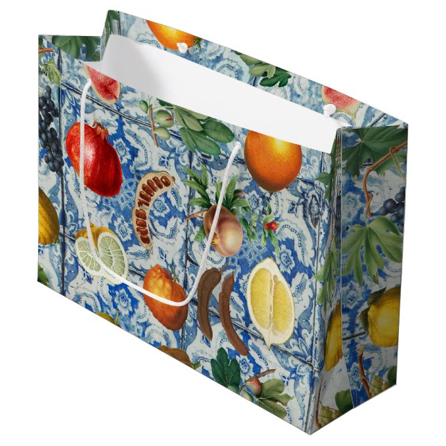 Mediterranean Summer Fruit & Blue White Mosaic Large Gift Bag (Front Angled)