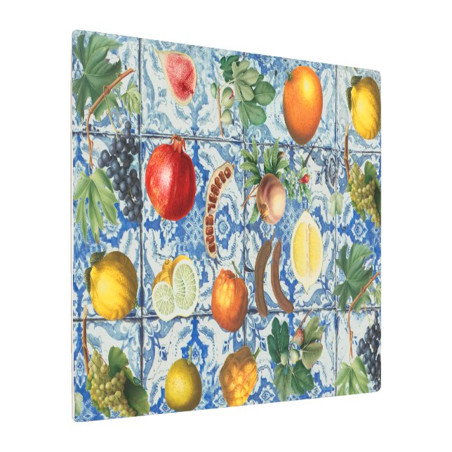 Mediterranean Summer Fruit & Blue White Mosaic Metal Print (Angled)
