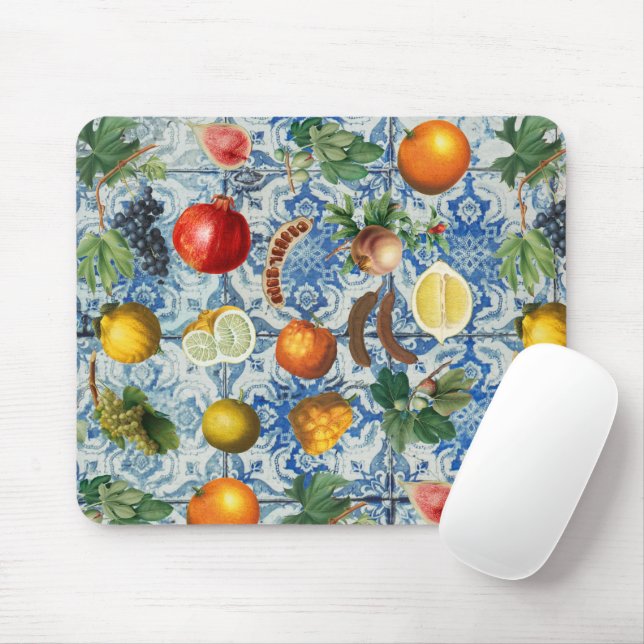 Mediterranean Summer Fruit & Blue White Mosaic Mouse Pad (With Mouse)