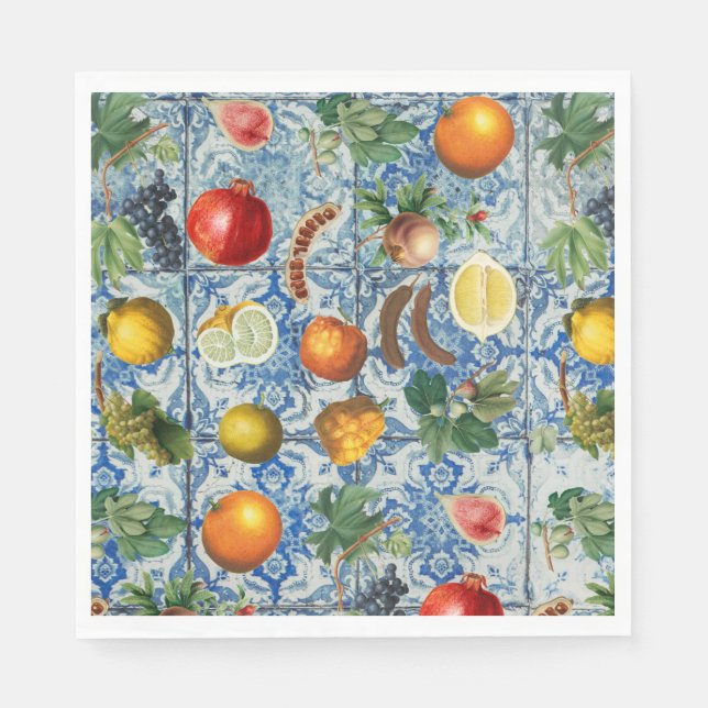 Mediterranean Summer Fruit & Blue White Mosaic Napkins (Front)