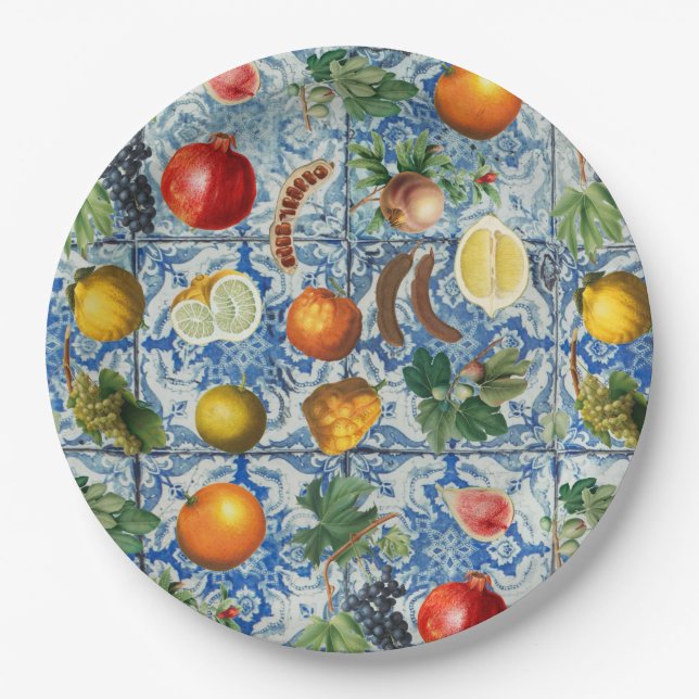 Mediterranean Summer Fruit & Blue White Mosaic Paper Plates (Front)