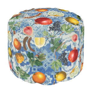 Mediterranean Summer Fruit & Blue White Mosaic Pouf