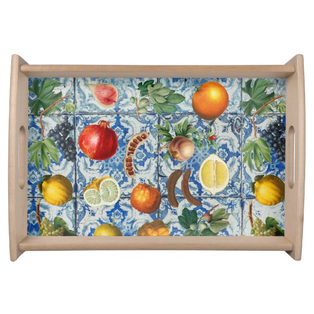 Mediterranean Summer Fruit & Blue White Mosaic  Serving Tray (Front)