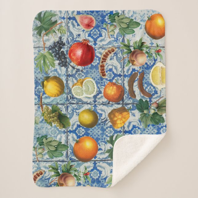 Mediterranean Summer Fruit & Blue White Mosaic Sherpa Blanket (Front)