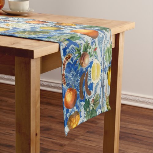 Mediterranean Summer Fruit  Blue White Mosaic Short Table Runner