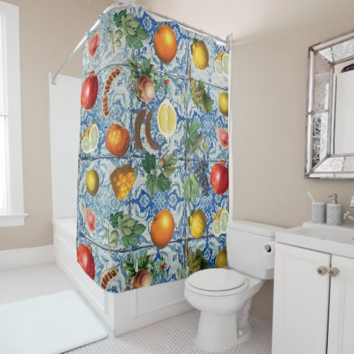 Mediterranean Summer Fruit  Blue White Mosaic Shower Curtain