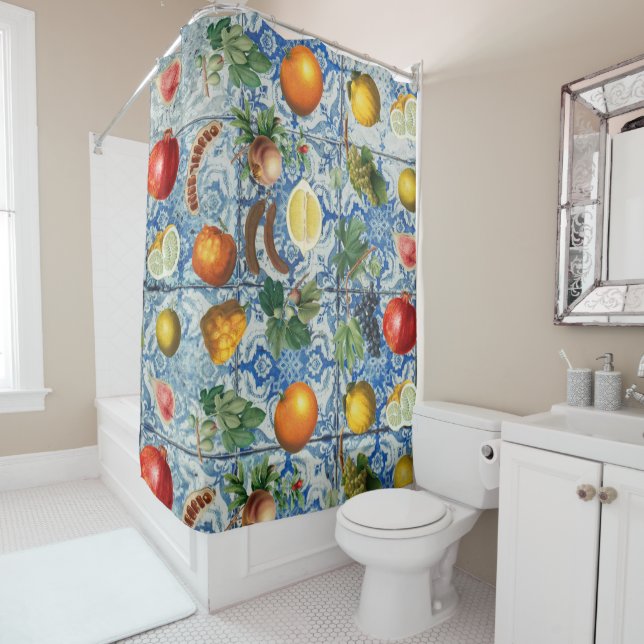 Mediterranean Summer Fruit & Blue White Mosaic Shower Curtain (In Situ)
