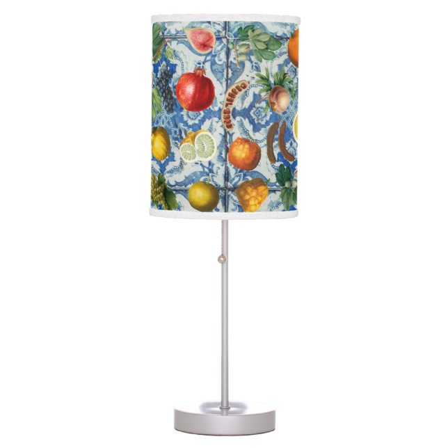 Mediterranean Summer Fruit & Blue White Mosaic Table Lamp (Front)