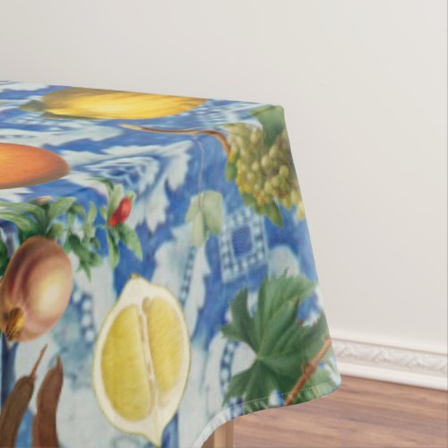 Mediterranean Summer Fruit  Blue White Mosaic  Tablecloth