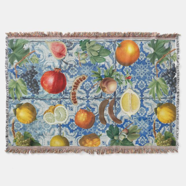 Mediterranean Summer Fruit & Blue White Mosaic Throw Blanket (Front)