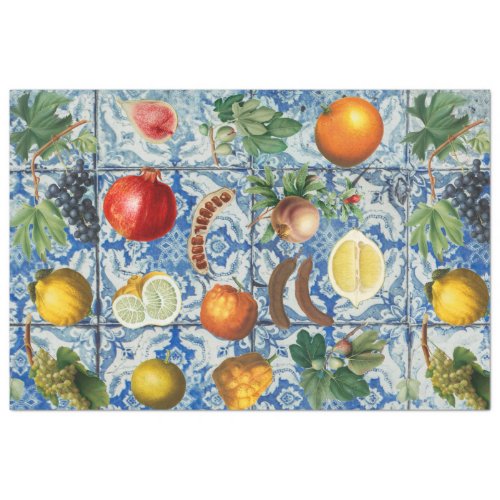 Mediterranean Summer Fruit  Blue White Mosaic Tissue Paper