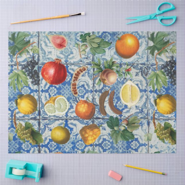 Mediterranean Summer Fruit & Blue White Mosaic Tissue Paper (Craft)