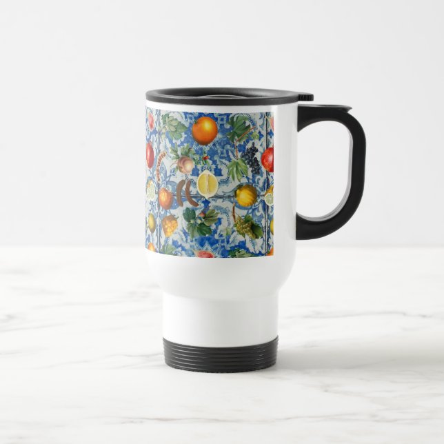 Mediterranean Summer Fruit & Blue White Mosaic  Travel Mug (Right)