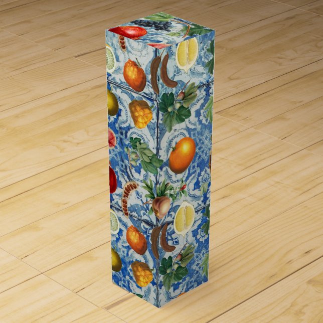 Mediterranean Summer Fruit & Blue White Mosaic Wine Box (Front)