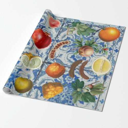 Mediterranean Summer Fruit  Blue White Mosaic  Wrapping Paper