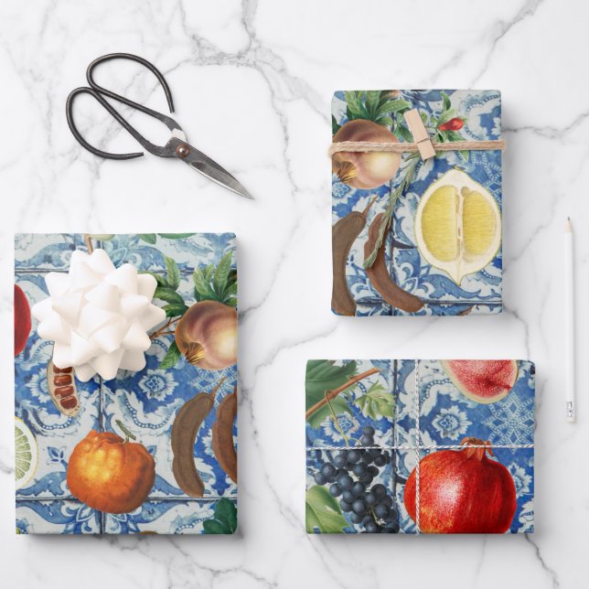 Mediterranean Summer Fruit & Blue White Mosaic Wrapping Paper Sheets (Front)