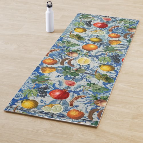 Mediterranean Summer Fruit  Blue White Mosaic Yoga Mat