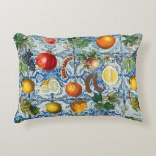 Mediterranean Summer Fruits & Blue White Mosaic Accent Pillow