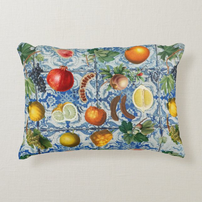 Mediterranean Summer Fruits & Blue White Mosaic  Accent Pillow (Front)