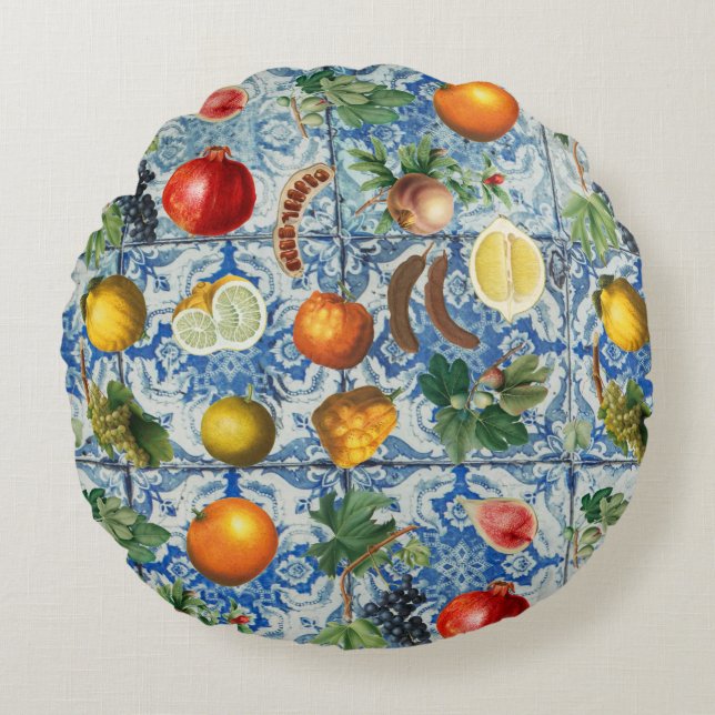 Mediterranean Summer Fruits & Blue White Mosaic  Round Pillow (Front)